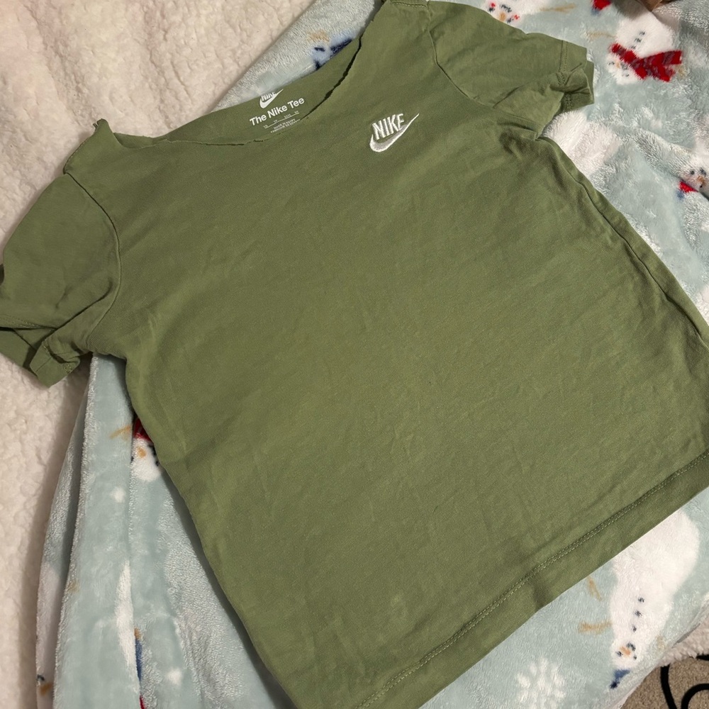 Sage green Nike shirt, cut through top for a drop down your shoulder look.